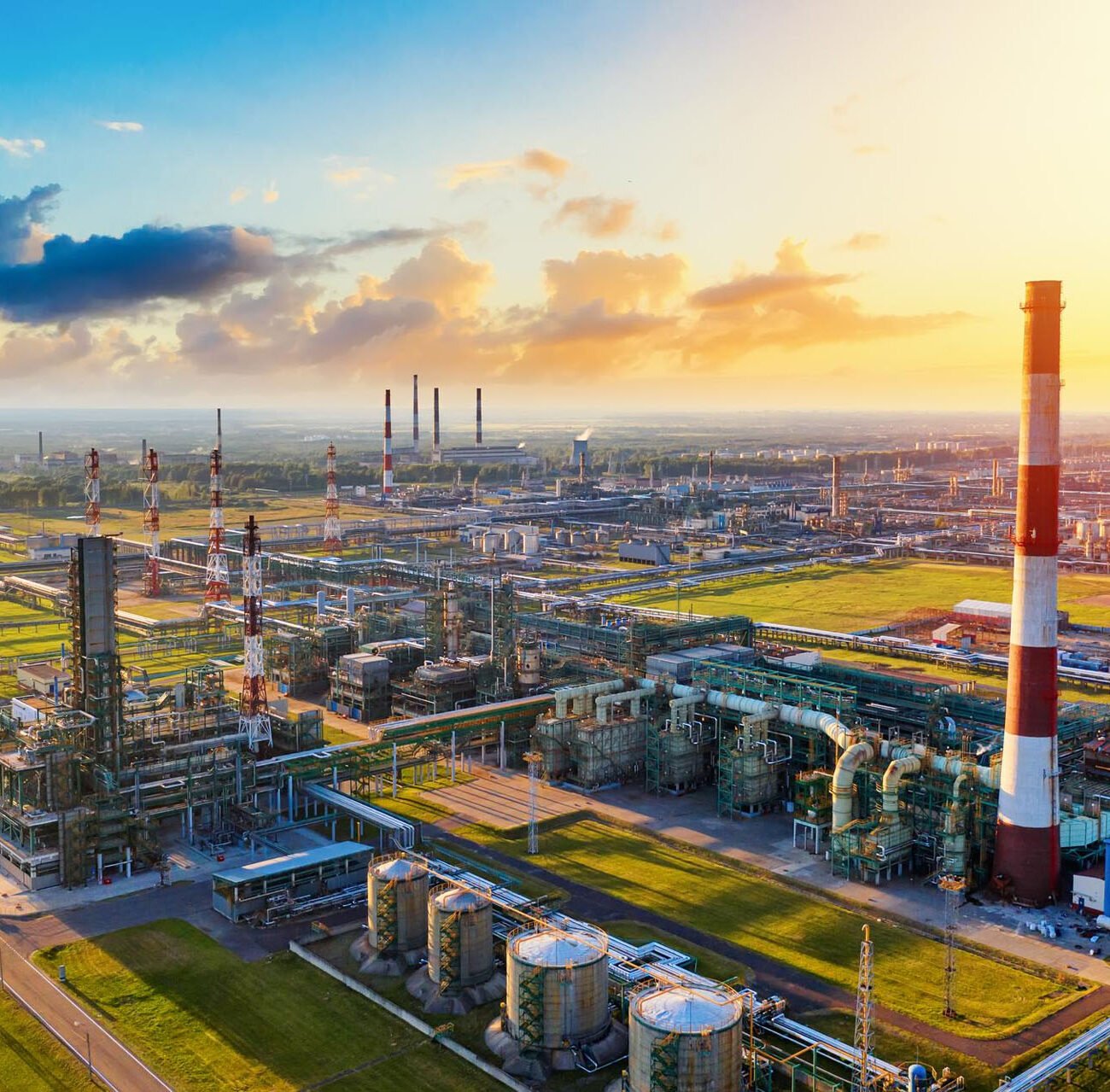 aerial drone view petrol industrial zone oil refinery yaroslavl russia during sunset time aerial drone view petrol industrial zone oil refinery yaroslavl russia during sunset time